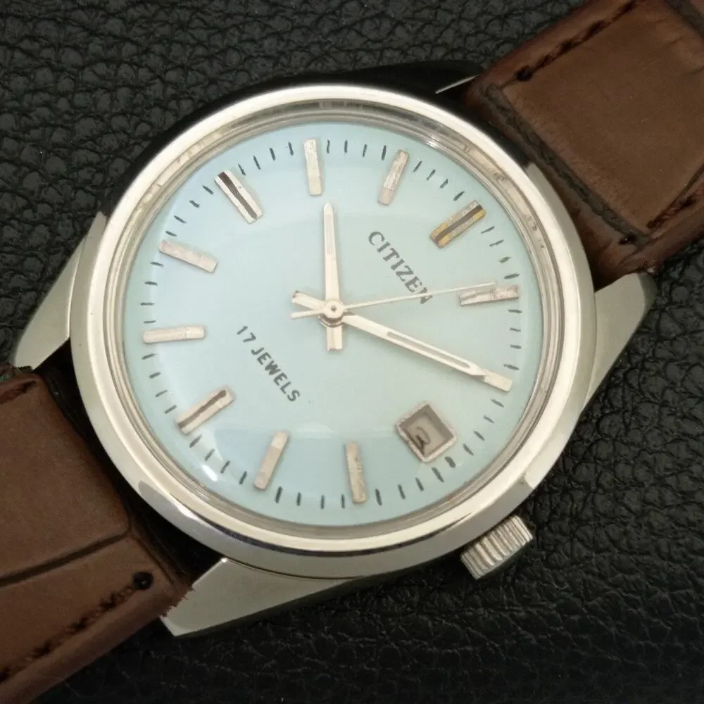 Vintage 1989 Citizen Manual Mens Silver Watch W/daydate & Blue accents